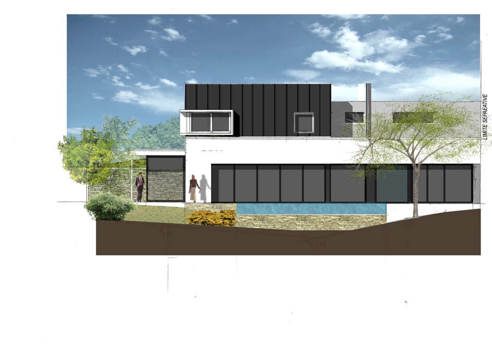 Project of construction of a new detached house with a large garden and large spaces open to the outside front view