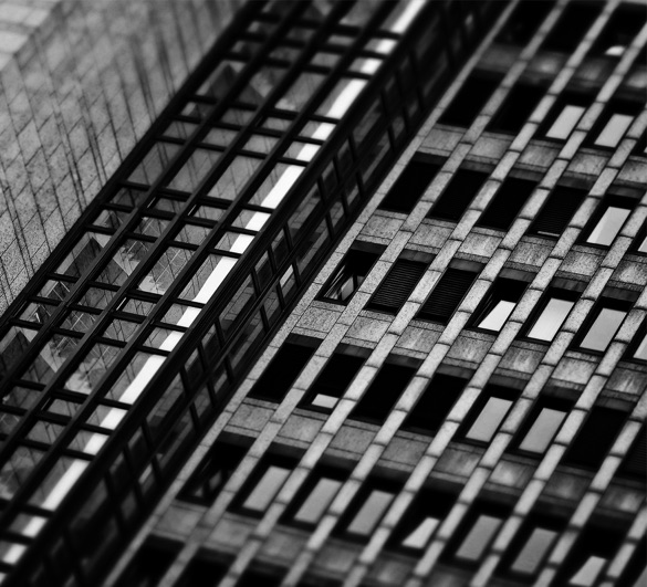 Black and white photo of the facade of a building