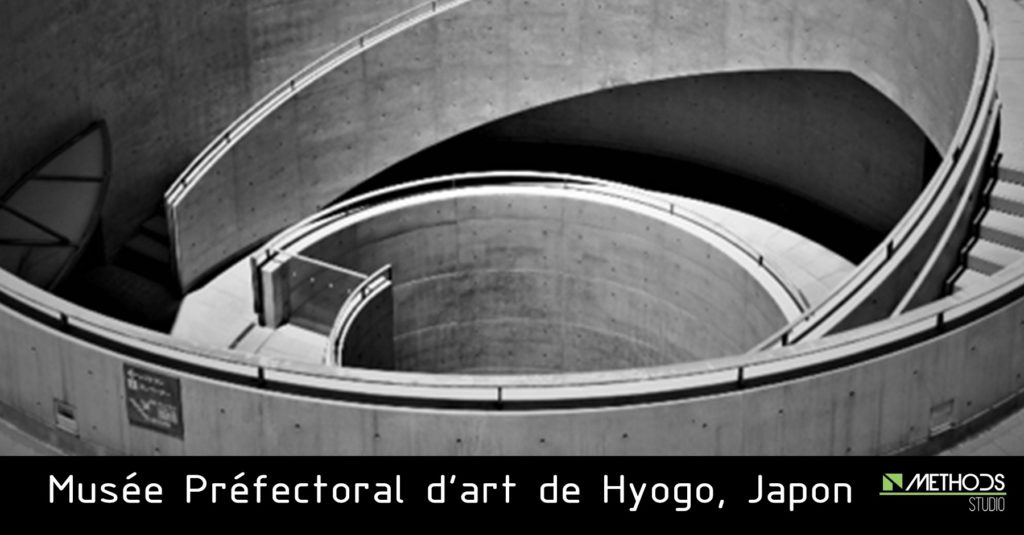 Black and white photo of Hyogo Prefectural Art Museum by architect Tadao Ando